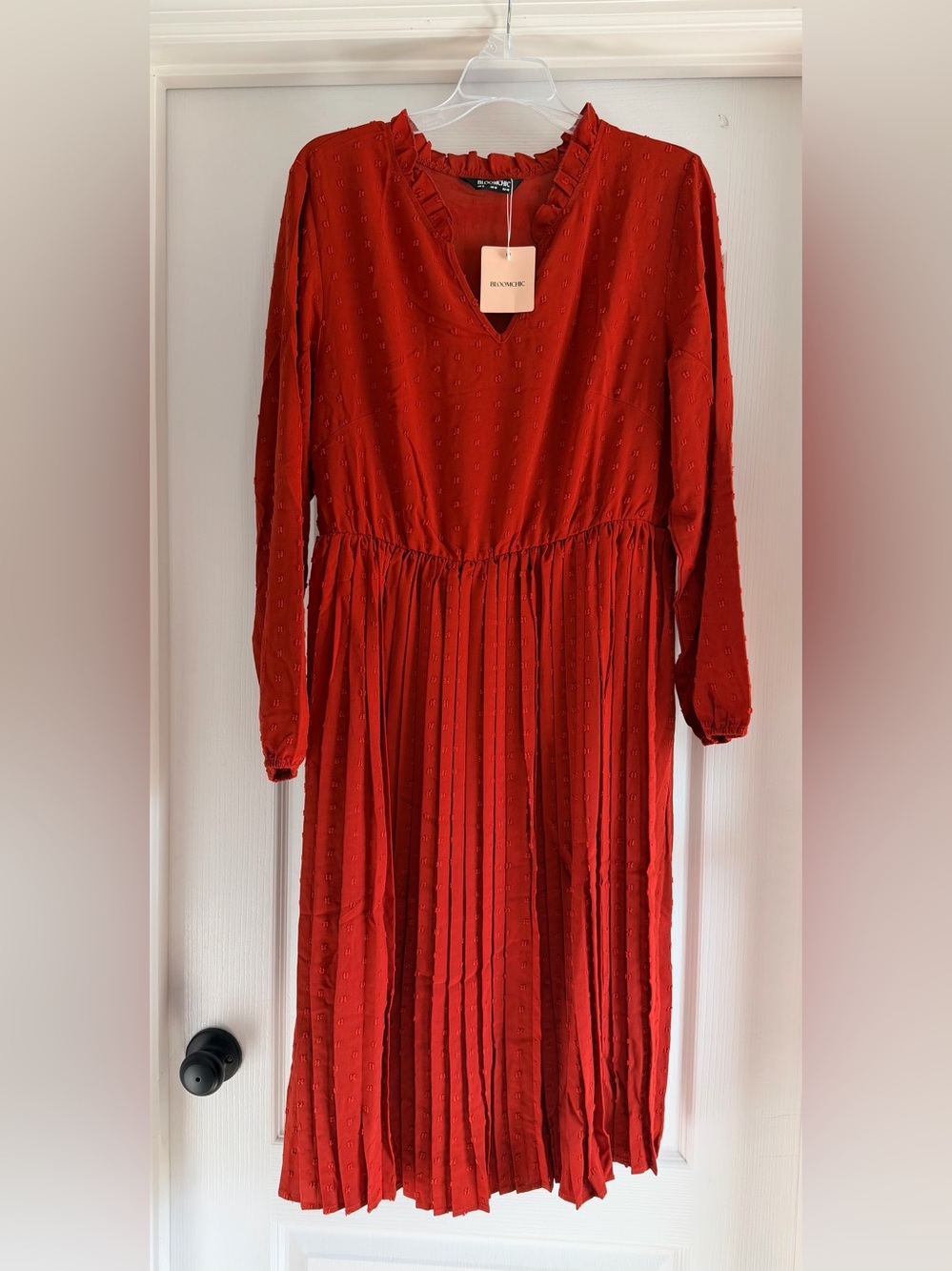 BloomChic Red Long-Sleeve Pleated Midi Dress